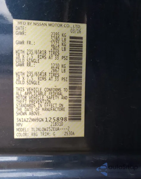 2016 Nissan Murano S from USA, damaged, VIN 5N1AZ2MH9GN125898